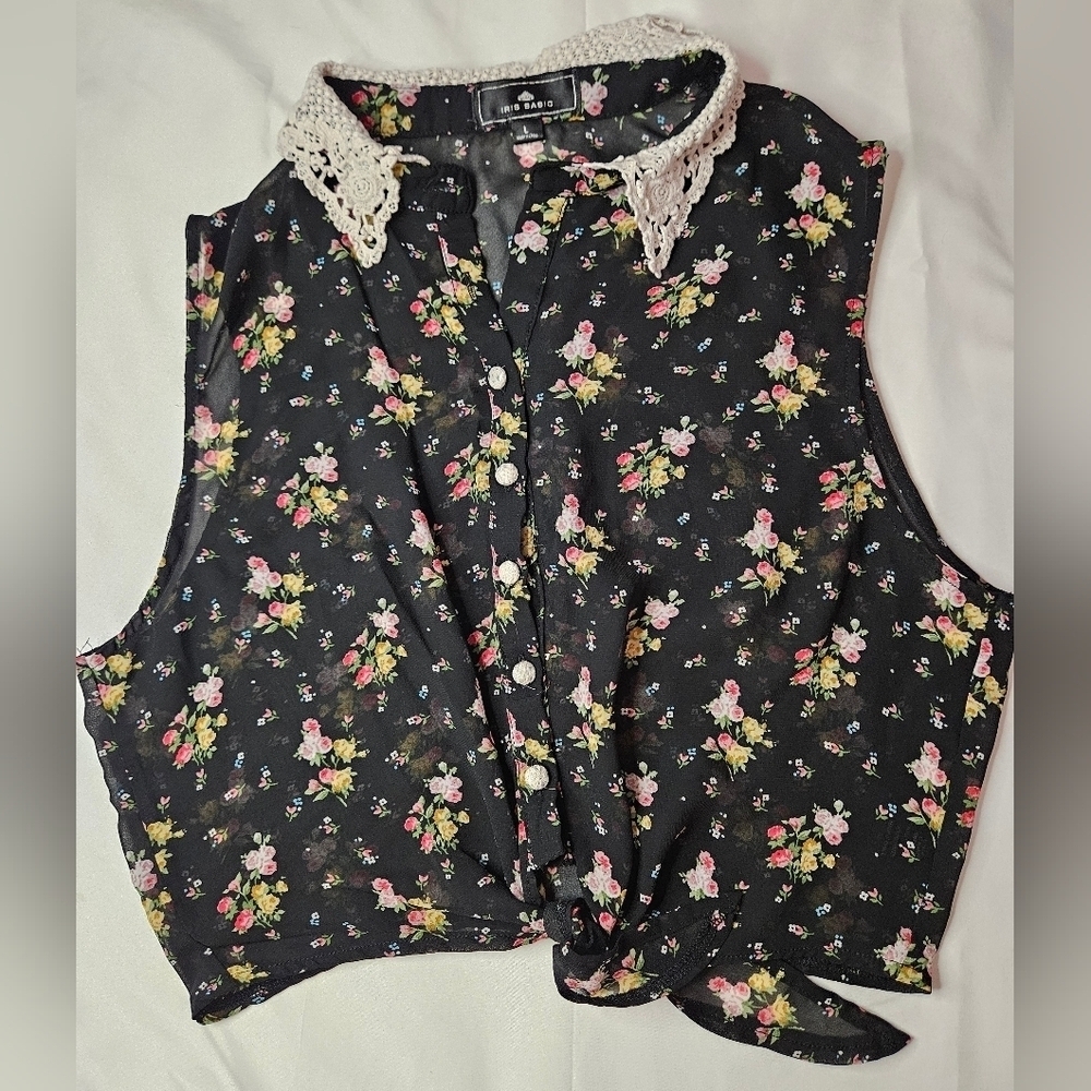 Iris Basic Girls Black Floral Sheer Button Up Sleeveless Shirt Size Large